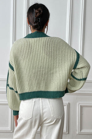 Colorblock ribbed open cardigan in Gum Leaf with green trim and stripes.