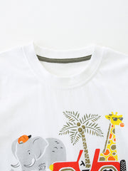White cotton baby tee with safari graphic of elephant, giraffe, palm tree and jeep.