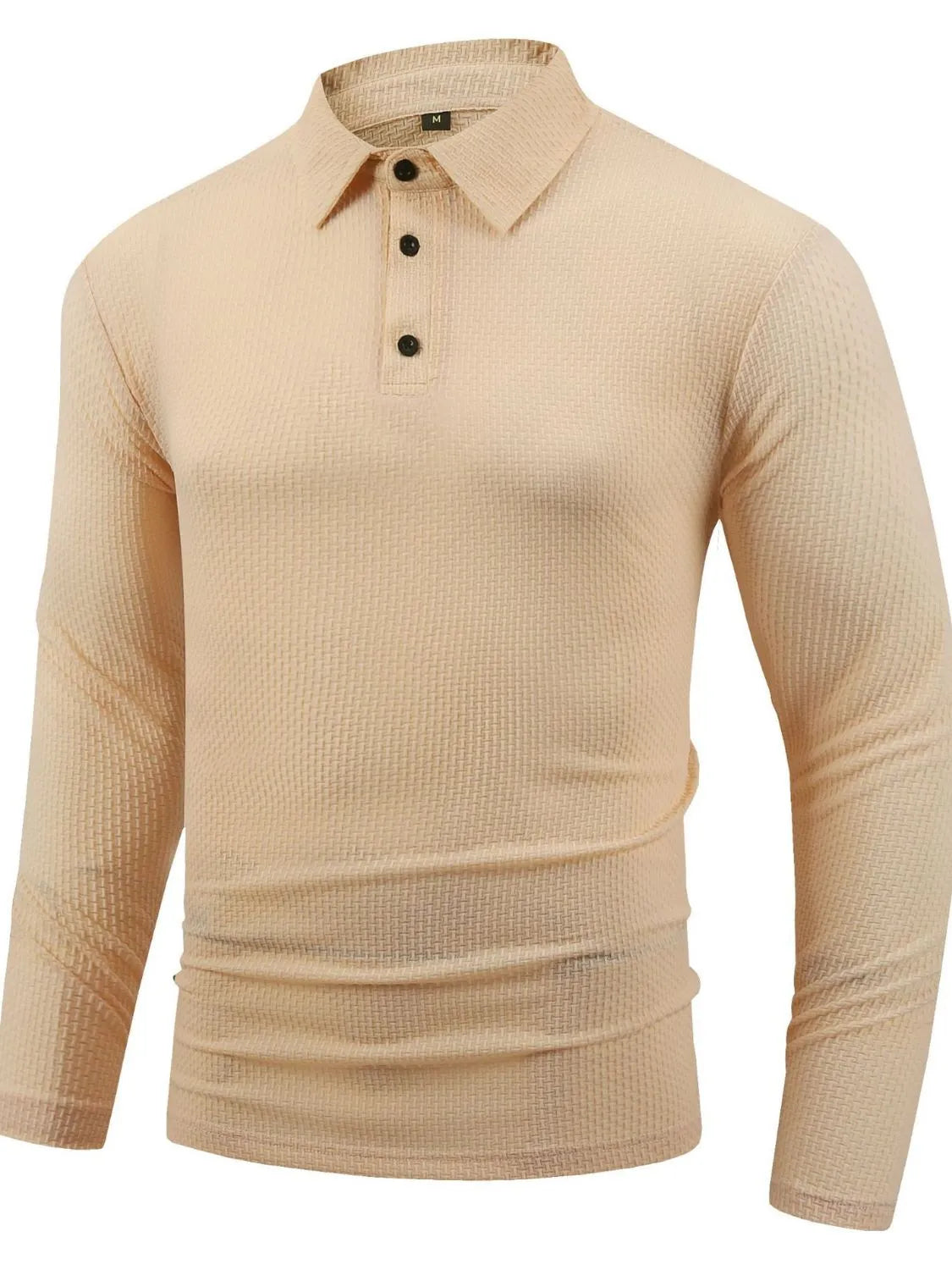 Tan textured long sleeve polo shirt with buttoned placket and articulated sleeves.