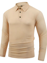Tan textured long sleeve polo shirt with buttoned placket and articulated sleeves.