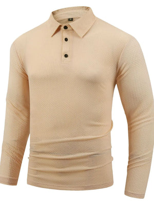 Tan textured long sleeve polo shirt with buttoned placket and articulated sleeves.