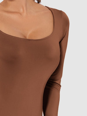 Brown second-skin bodysuit with long sleeves and a square neckline.