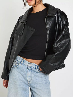 Faux Leather Moto Jacket With Asymmetrical Zip in Black, model styling view