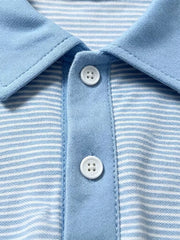 Baby blue and white striped cotton polo shirt with two white buttons.