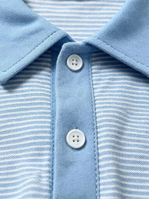 Baby blue and white striped cotton polo shirt with two white buttons.