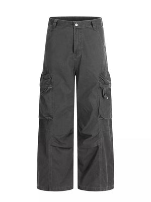 Relaxed fit grey cargo pants with multiple utility pockets and button fly.