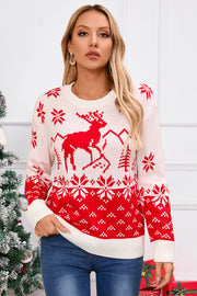 White acrylic knit sweater with red reindeer and snowflake Fair Isle pattern.