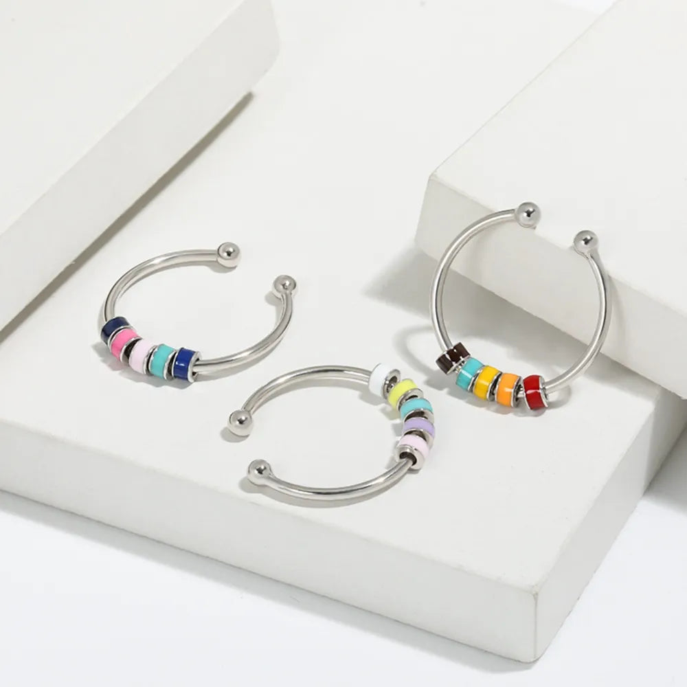Open-band ring with colorful chromatic beads, 925 sterling silver, boho style