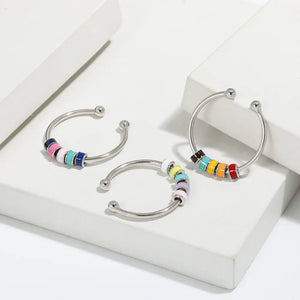 Open-band ring with colorful chromatic beads, 925 sterling silver, boho style