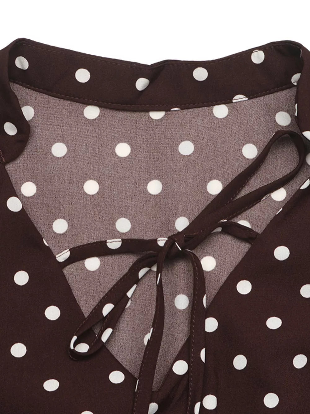 Polka Dot Flare Sleeve Tie Neck Dress in Coffee Brown, product detail