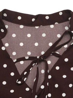 Polka Dot Flare Sleeve Tie Neck Dress in Coffee Brown, product detail