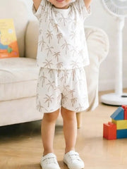 Toddler cotton blend set with tropical palm print, crew neck tee and shorts.