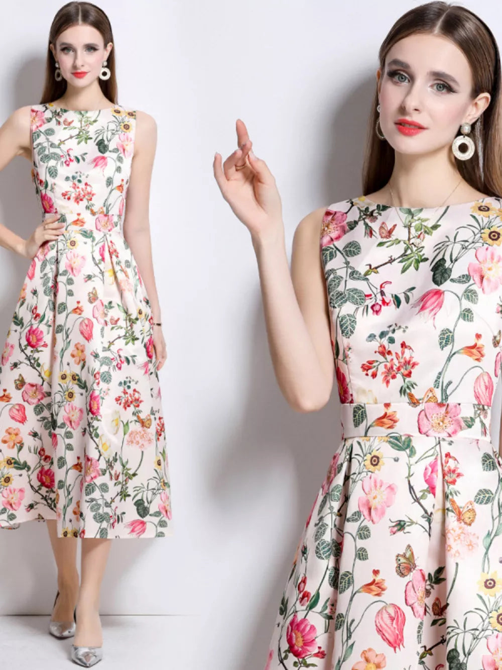 Wisteria floral print midi dress in blush pink with a-line cut and sleeveless design.
