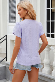 Lavender eyelet flutter sleeve top with lace insets.