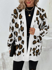 Leopard print open-front knit cardigan with white trim and pockets.