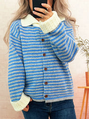 Blue striped knit cardigan with textured collar and button-down front.