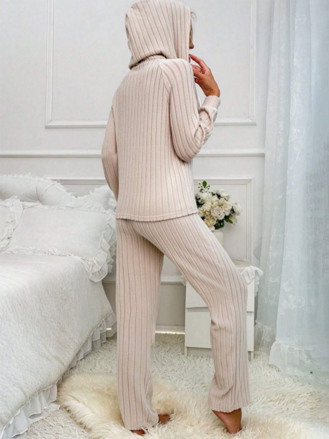 Ribbed knit hooded loungewear set in Dust Storm, with long sleeves and wide-leg pants.