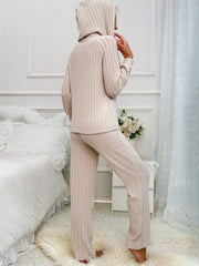 Ribbed knit hooded loungewear set in Dust Storm, with long sleeves and wide-leg pants.