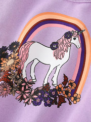 Lavender cotton sweatshirt with a unicorn, rainbow, and floral graphic.