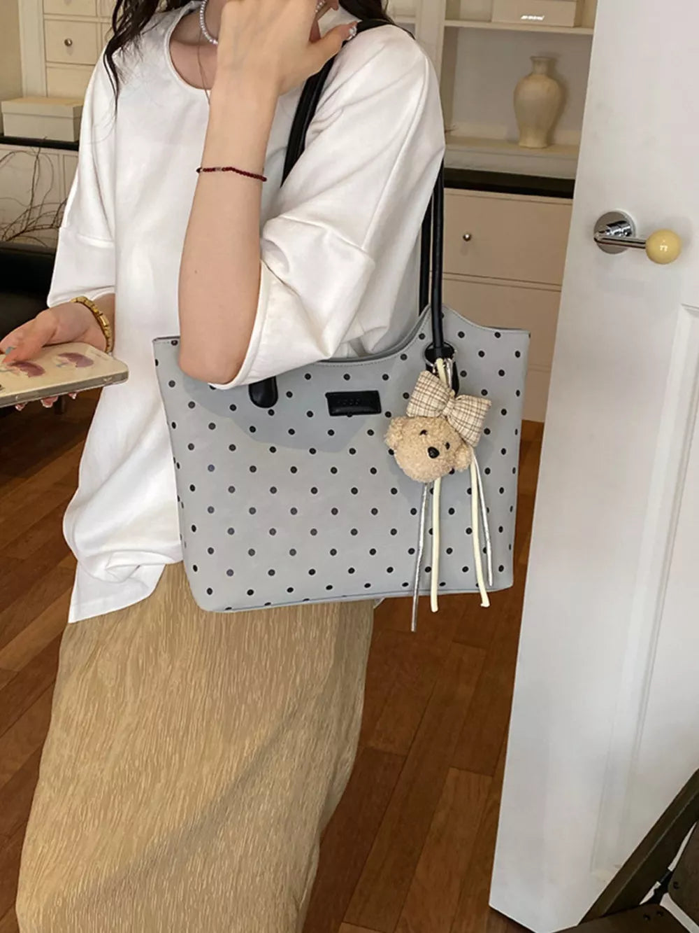 Polka Dot Shoulder Bag in Gray, front view