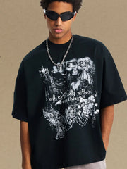 Black oversized graphic tee with gothic print and text.