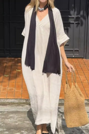 Full Size V-neck Maxi Dress Plus Size in Navy Blue, front view
