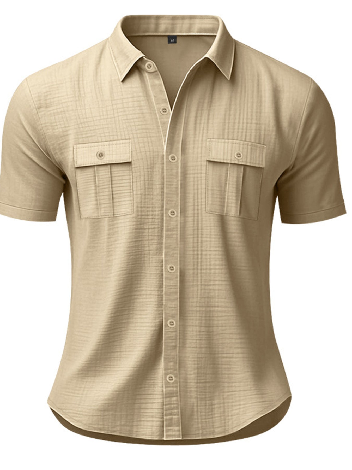 Light Khaki short sleeve button-down shirt with two chest pockets and a subtle textured pattern.
