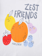 White cotton toddler tee with cheerful fruit graphic and text ZEST FRIENDS FOREVER