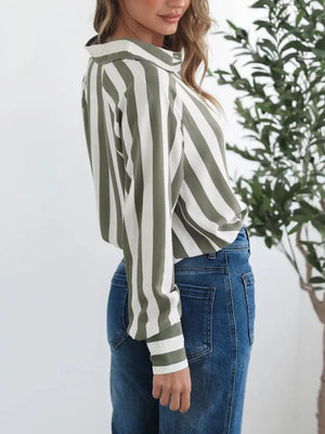 Maternity striped button-front shirt in army green and white with a chest pocket.