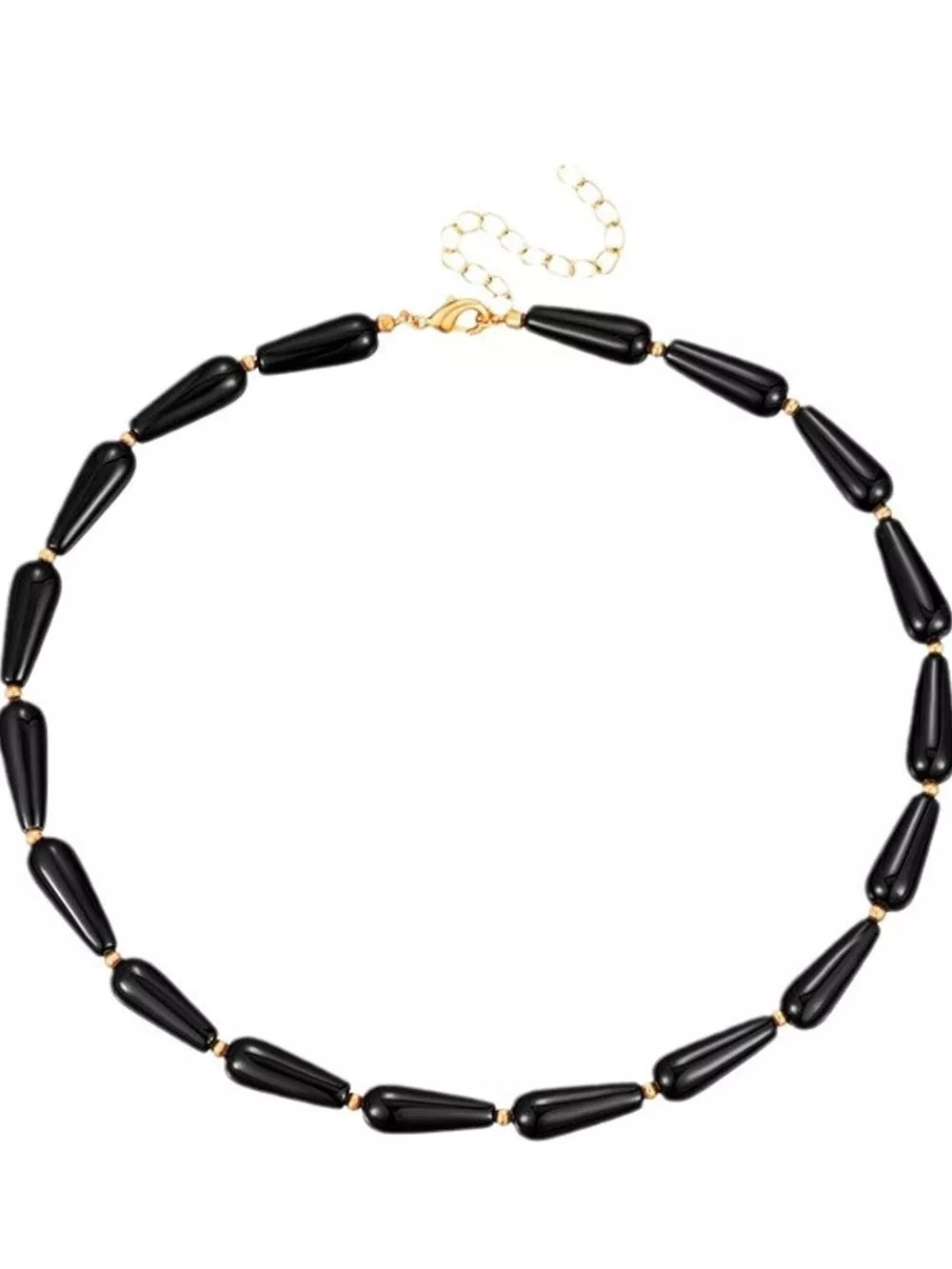 Elegant black teardrop choker necklace with gold accents and clasp