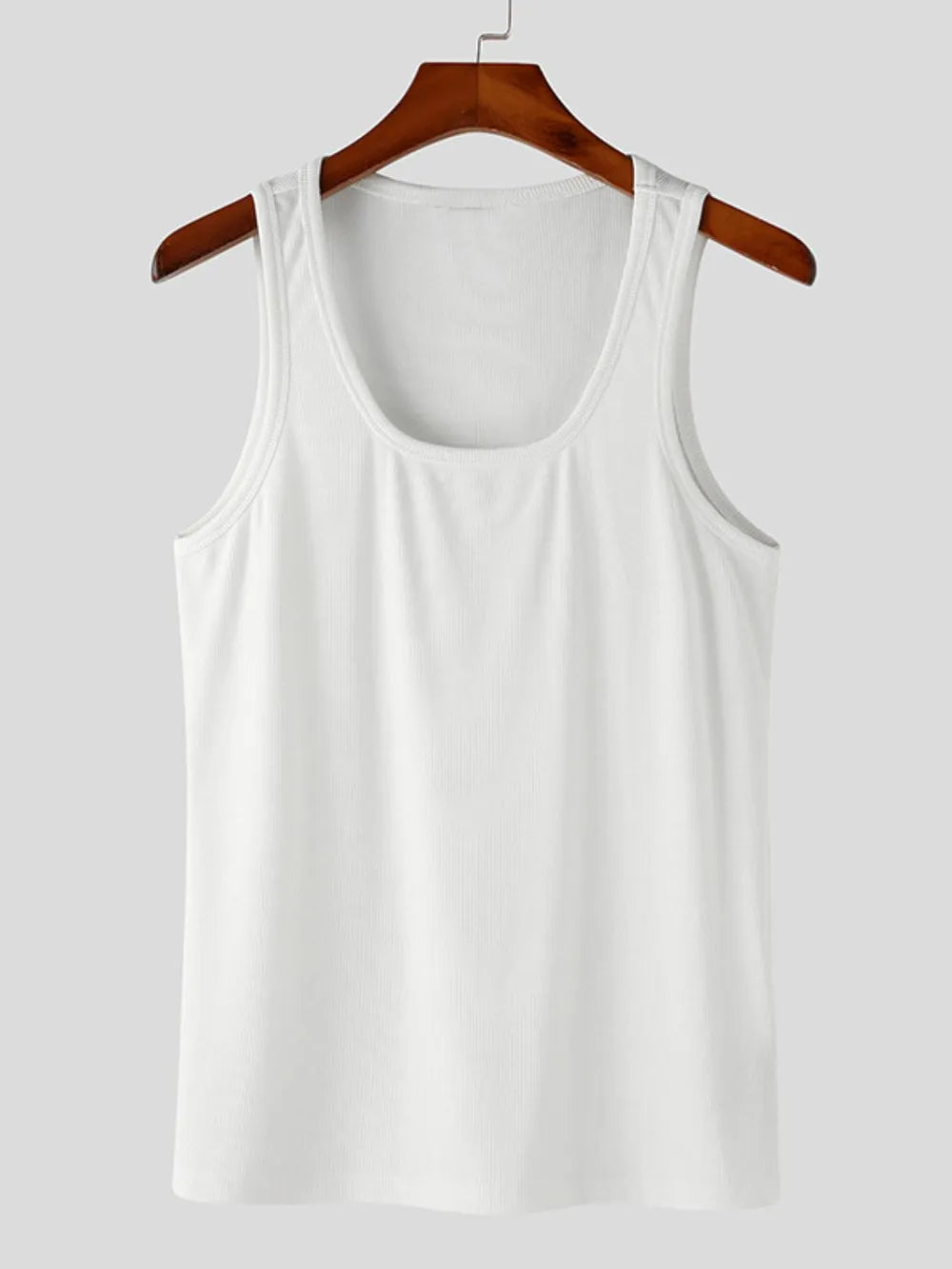 White ribbed tank top with square neckline.