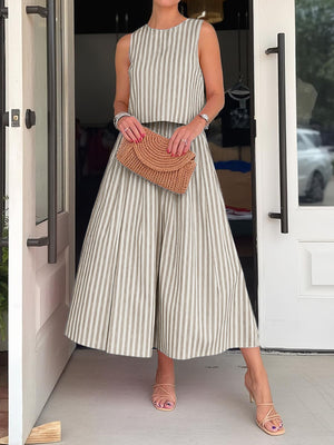 Striped sleeveless crop top and wide-leg pants set in khaki with pockets.