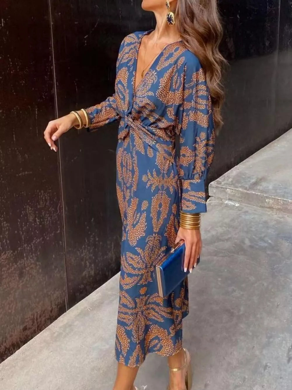 Printed V-neck Long Sleeve Twisted Midi Dress Plus Size in Dark Green, side view