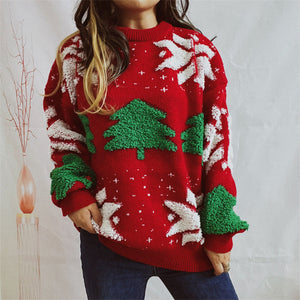Red acrylic knit sweater with festive Christmas tree and snowflake appliqués.
