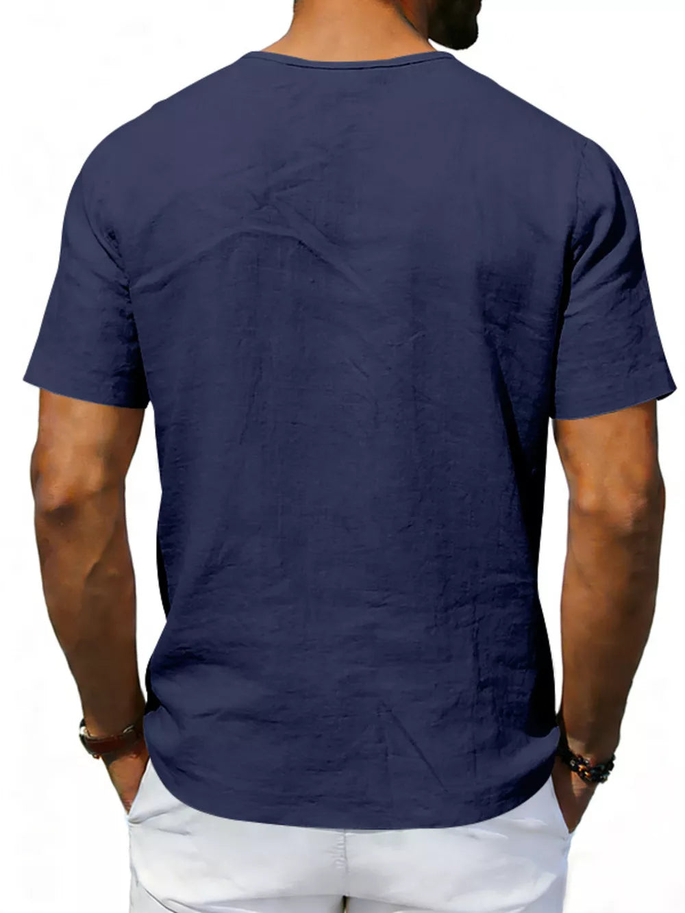 Navy V-neck linen tee, short sleeves, relaxed fit, breathable fabric.