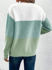 Colorblock ribbed knit sweater with boatneck in white, light blue, and gum leaf green.