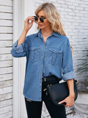 Oversized Dusty Blue denim utility shirt with button-down front and two chest pockets.