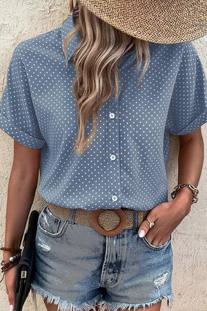 Blue polka dot cuffed short sleeve polyester shirt with button front.