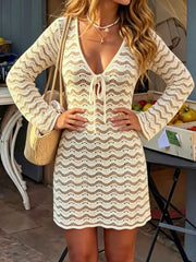 Wavy Crochet Knit V-neck Mini Dress