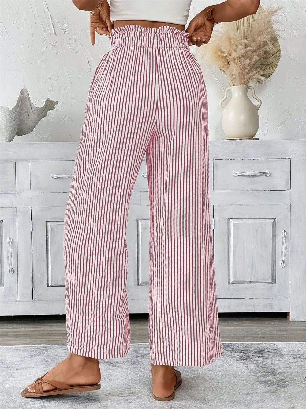 Maternity paper bag waist pants in Dusty Pink stripe, wide leg, casual style