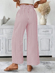 Maternity paper bag waist pants in Dusty Pink stripe, wide leg, casual style