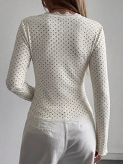 Lace Trim V-neck Ribbed Long Sleeve Blouse in Dark Blue, model styling view