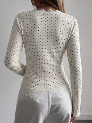 Lace Trim V-neck Ribbed Long Sleeve Blouse in Dark Blue, model styling view