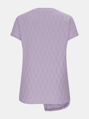Lavender textured tee with asymmetric hem and knot detail