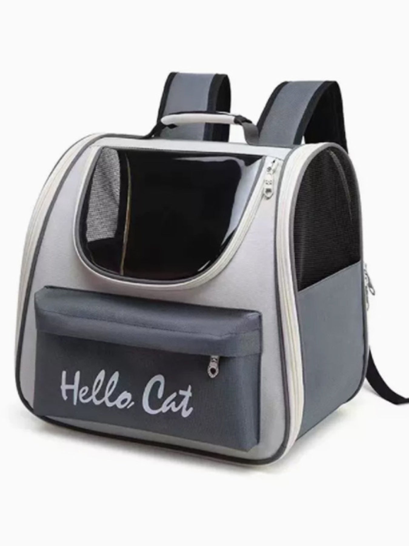 Grey transparent pet carrier backpack with mesh sides and "Hello Cat" text.