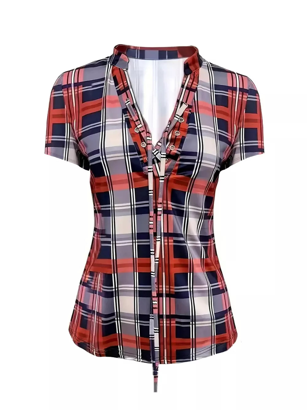 Lace-up plaid short sleeve shirt with a curved hem in red, navy, and cream.