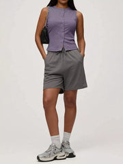 Dark purple ribbed button-front fitted tank top with a crew neck and sleeveless design.