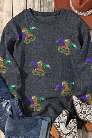 Black ribbed knit tunic with Mardi Gras hat and mask print.