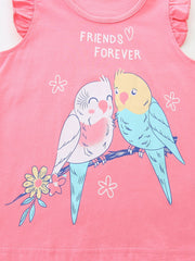 Pink cotton t-shirt with ruffle sleeves, featuring a bird print and "Friends Forever" text.