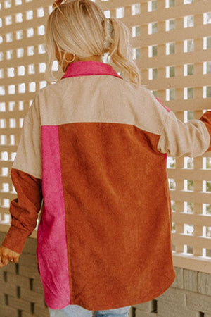Oversized corduroy shacket with colorblock detail in tan, brown, and hot pink.